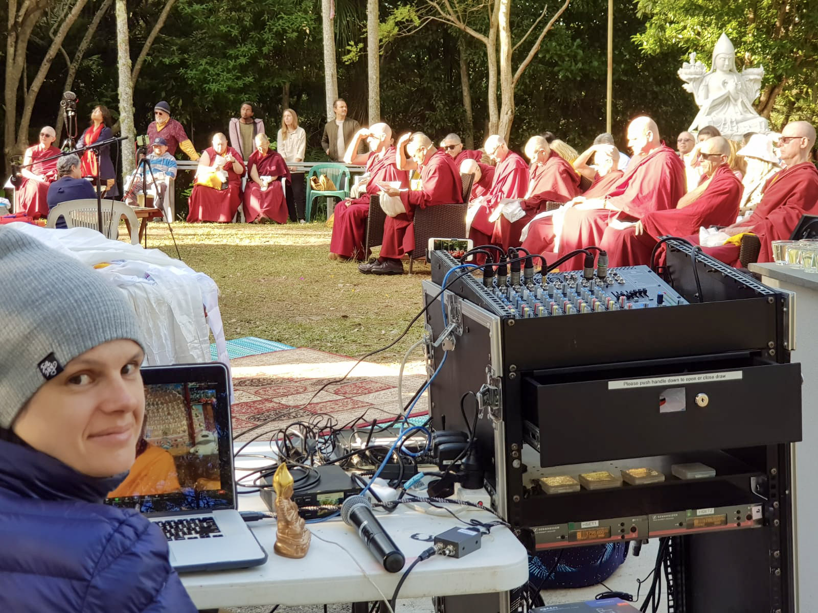 Celebration of HHDL 75th birthday & consecration of the Nalanda Masters Garden at CI, 6 July 2020. Lama Zopa Rinpoche was live-streamed & given a virtual tour of the Nalanda Masters statues by Geshe Tsultrim, & the students present were also able to interact with Rinpoche.